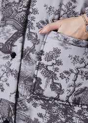 Vintage Grey Print Pockets Fine Cotton Filled Coats Winter