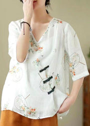 Vintage White V Neck Print Chinese Button Patchwork Linen Blouse Top Summer