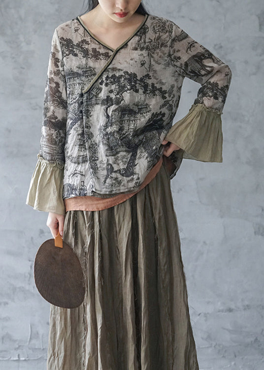 Vintage Grey V Neck Print Linen Shirt Tops Spring