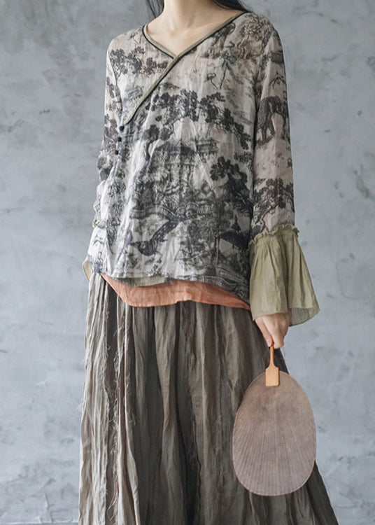 Vintage Grey V Neck Print Linen Shirt Tops Spring