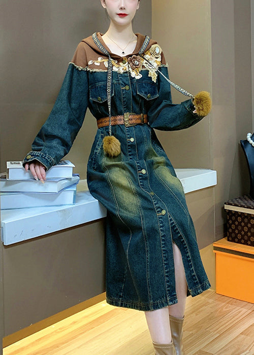 Vintage Hooded Sashes Patchwork Denim Shirts Dresses Spring