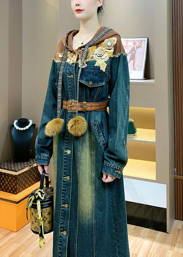 Vintage Hooded Sashes Patchwork Denim Shirts Dresses Spring