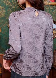 Vintage Jacquard Purple Turtleneck Silk Top Long Sleeve
