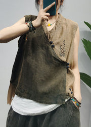 Vintage Khaki Chinese Button Patchwork Linen Vest Top Sleeveless