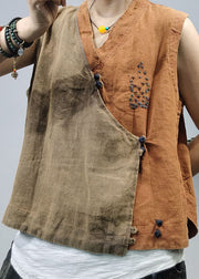 Vintage Khaki Chinese Button Patchwork Linen Vest Top Sleeveless