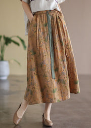 Vintage Khaki Elastic Waist Print Linen Skirt Spring