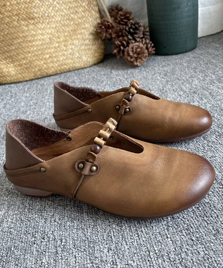 Vintage Khaki Genuine Leather Splicing Cross Strap Flat Shoes