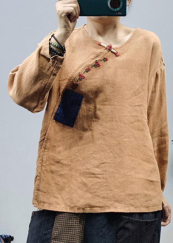 Vintage Khaki O-Neck Embroideried Patchwork Linen Top Long Sleeve