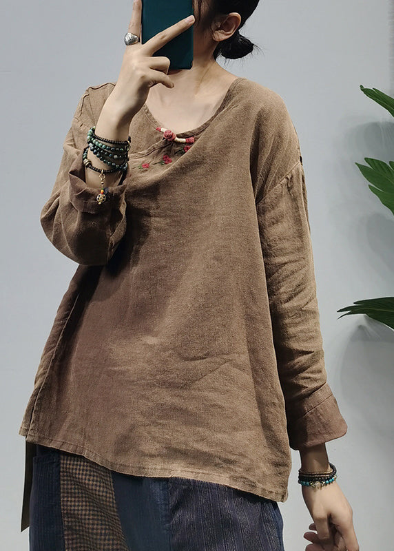 Vintage Khaki O-Neck Embroideried Patchwork Linen Top Long Sleeve