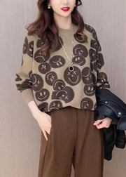 Vintage Khaki O-Neck Print Knit Sweaters Fall