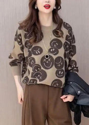 Vintage Khaki O-Neck Print Knit Sweaters Fall