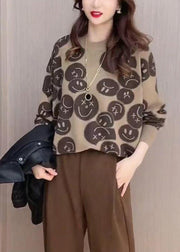 Vintage Khaki O-Neck Print Knit Sweaters Fall