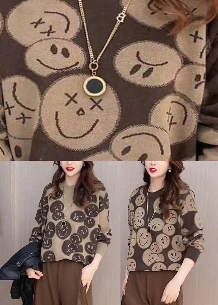 Vintage Khaki O-Neck Print Knit Sweaters Fall