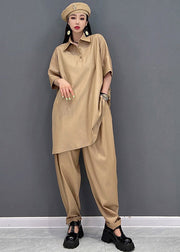 Vintage Khaki Peter Pan Collar Top And Pants Two Pieces Set Summer