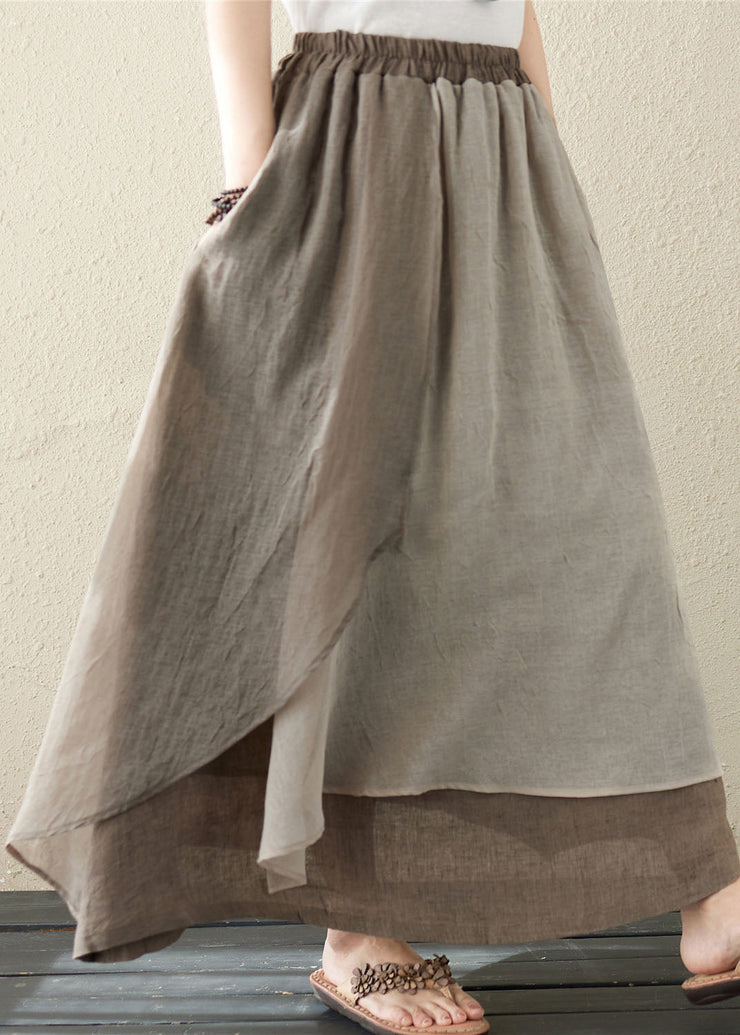 Vintage Khaki Pockets Asymmetrical Design Patchwork Linen Skirt Summer