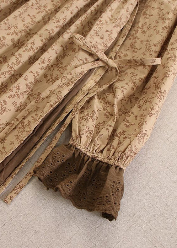 Vintage Khaki Print Lace Up Cotton Long Dresses Long Sleeve