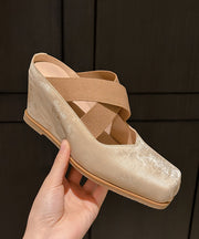 Vintage Khaki Splicing Wedge High Wedge Heels Shoes