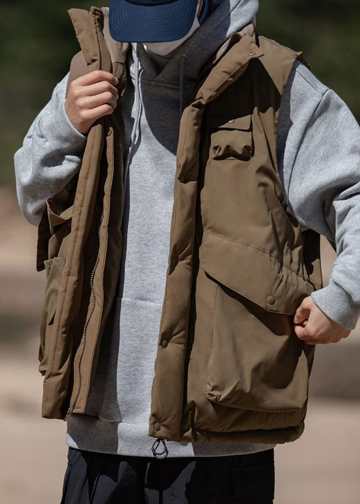 Vintage Khaki Stand Collar Pockets Cotton Filled Men Waistcoat Winter