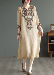 Vintage Khaki V Neck Embroideried Patchwork Linen Dress Summer