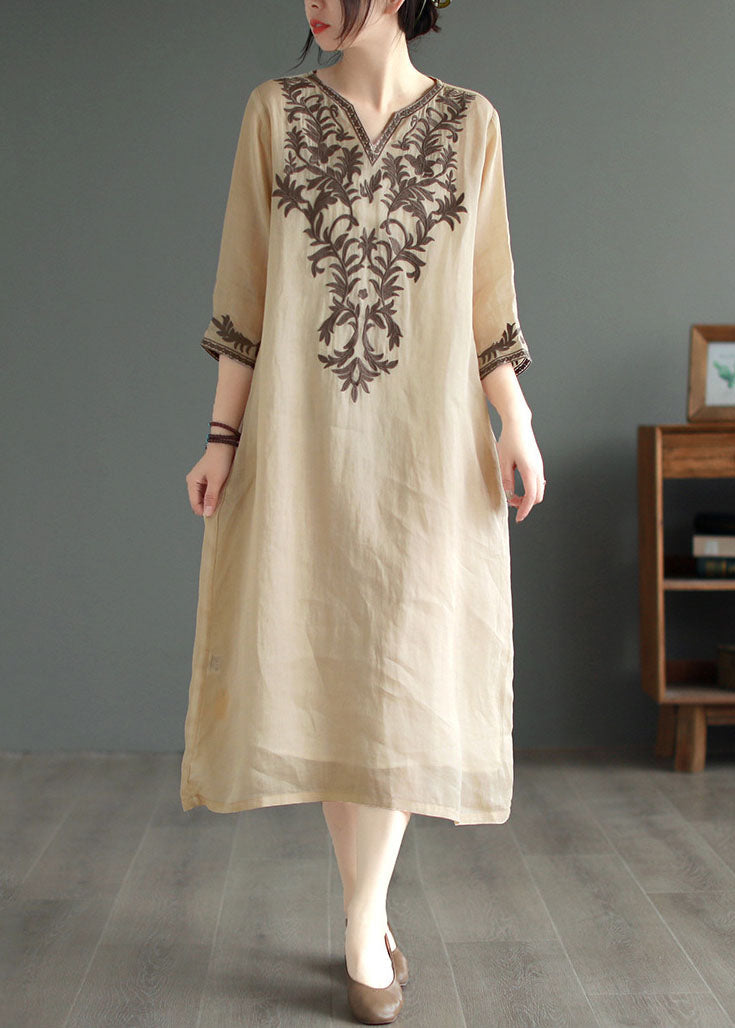 Vintage Khaki V Neck Embroidered Patchwork Linen Dress Summer