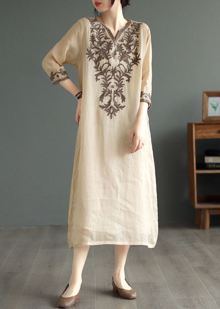 Vintage Khaki V Neck Embroidered Patchwork Linen Dress Summer