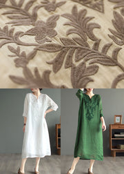 Vintage Khaki V Neck Embroideried Patchwork Linen Dress Summer