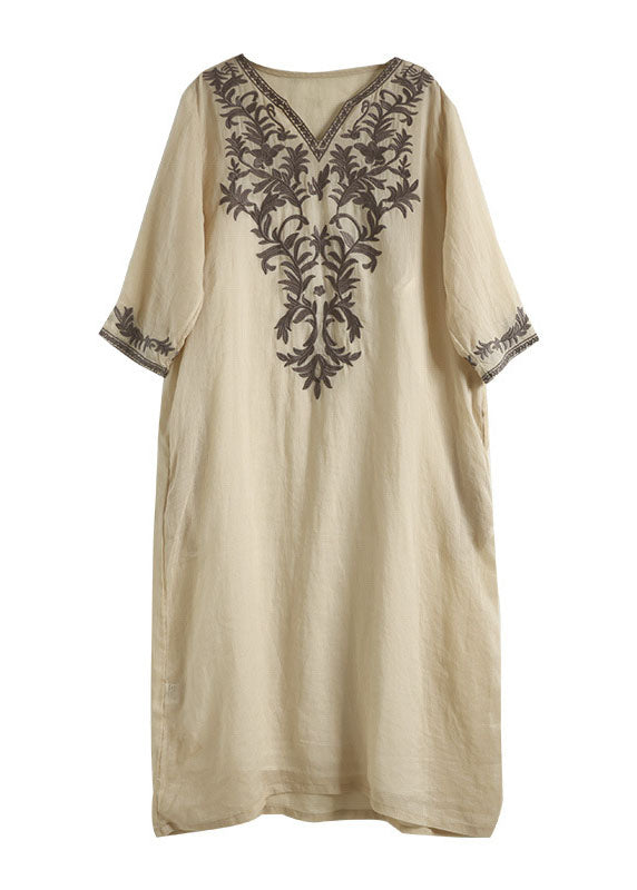 Vintage Khaki V Neck Embroidered Patchwork Linen Dress Summer