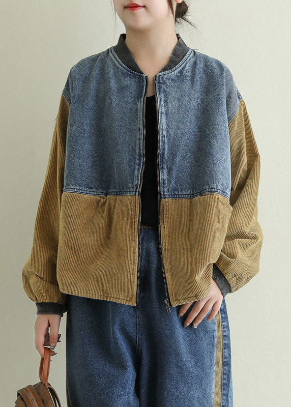 Vintage Khaki Zip Up Corduroy Patchwork Denim Coat Long Sleeve