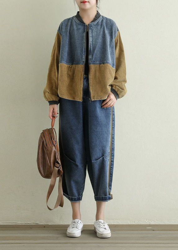 Vintage Khaki Zip Up Corduroy Patchwork Denim Coat Long Sleeve