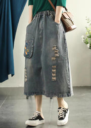 Vintage Light Blue Embroideried Patchwork Cotton Long Skirt Summer