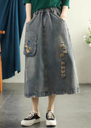 Vintage Light Blue Embroideried Patchwork Cotton Long Skirt Summer