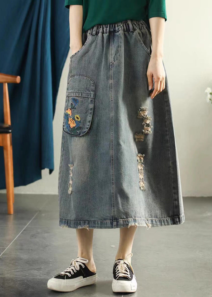 Vintage Light Blue Embroideried Patchwork Cotton Long Skirt Summer