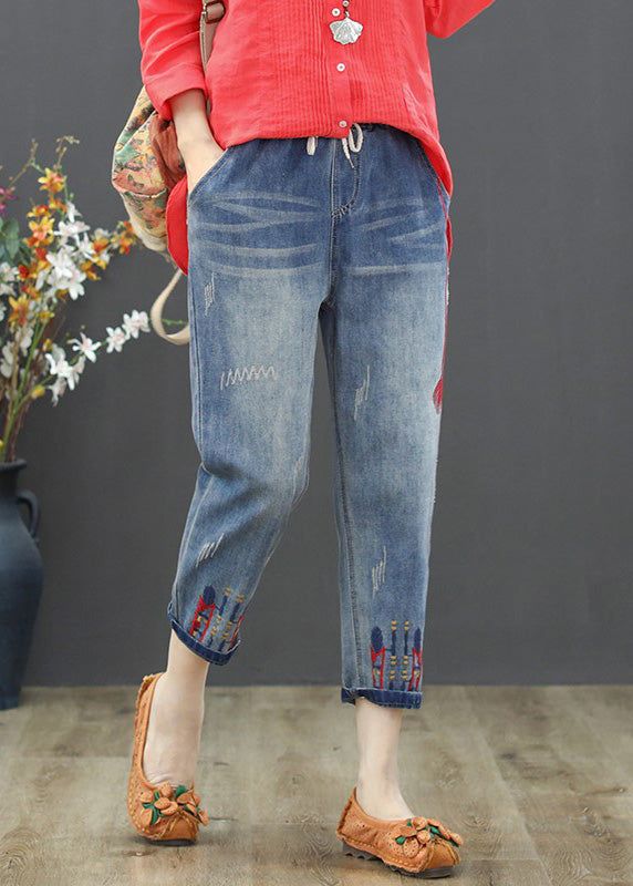 Vintage Light Blue Embroideried Tie Waist Crop Jeans Summer