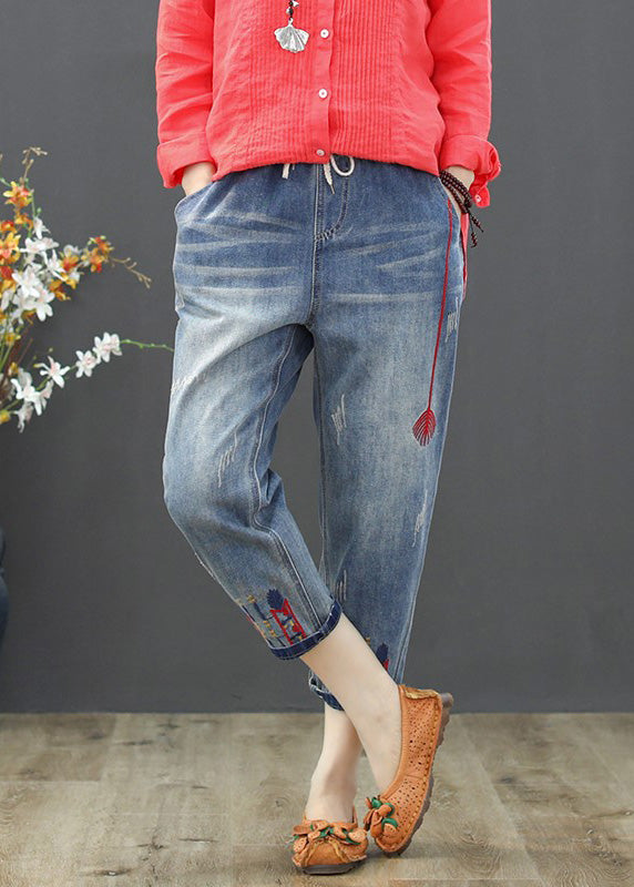 Vintage Light Blue Embroideried Tie Waist Crop Jeans Summer