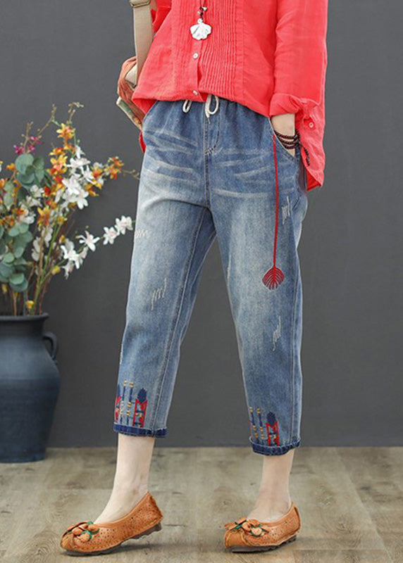 Vintage Light Blue Embroideried Tie Waist Crop Jeans Summer