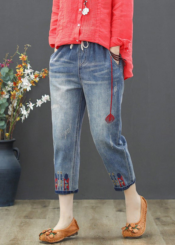 Vintage Light Blue Embroideried Tie Waist Crop Jeans Summer