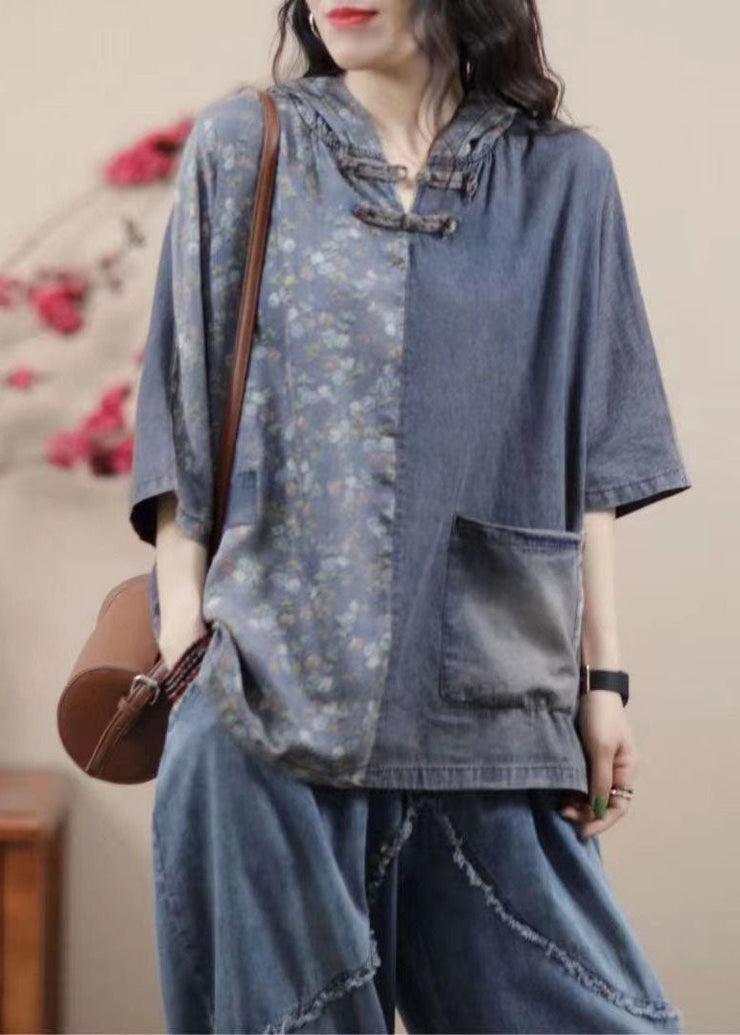 Vintage Light Blue Hooded Print Patchwork Denim Two Pieces Set Summer