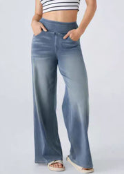 Vintage Light Blue Pockets Elastic Waist Denim Wide Leg Pants Summer