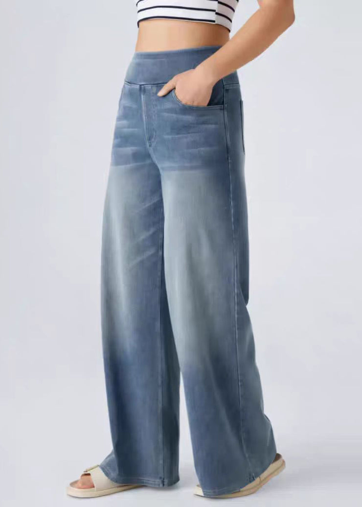 Vintage Light Blue Pockets Elastic Waist Denim Wide Leg Pants Summer