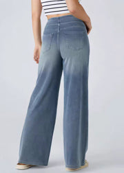 Vintage Light Blue Pockets Elastic Waist Denim Wide Leg Pants Summer