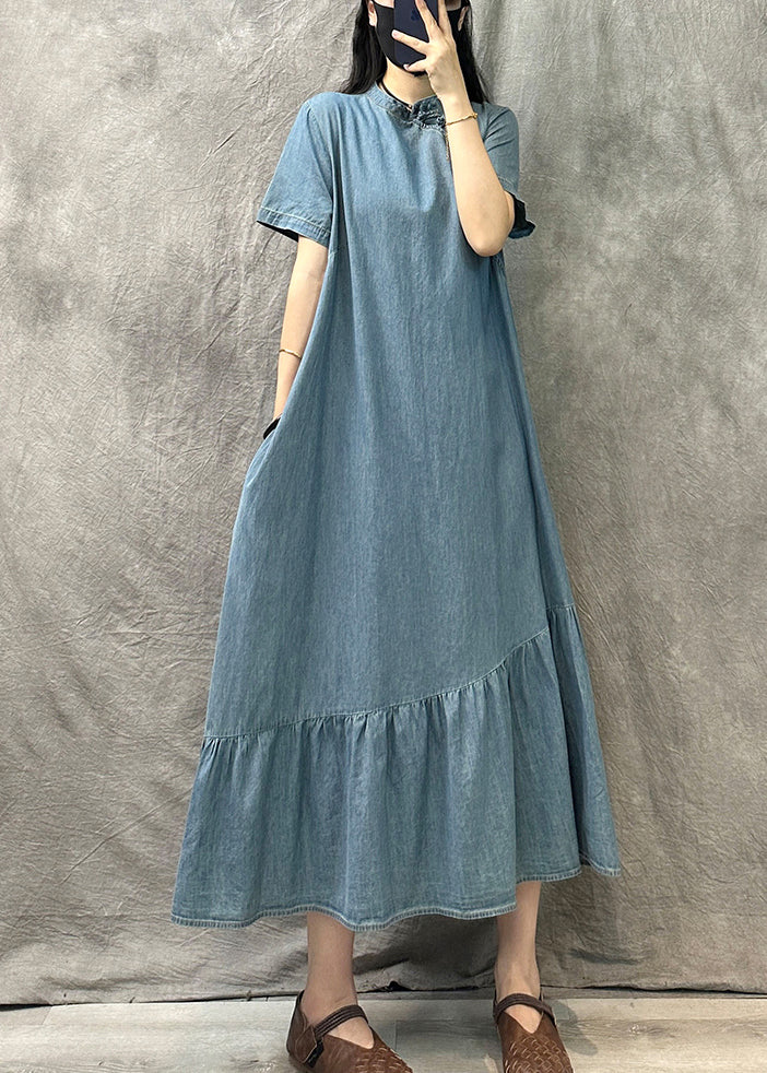 Vintage Light Blue Stand Collar Patchwork Denim Dress Summer