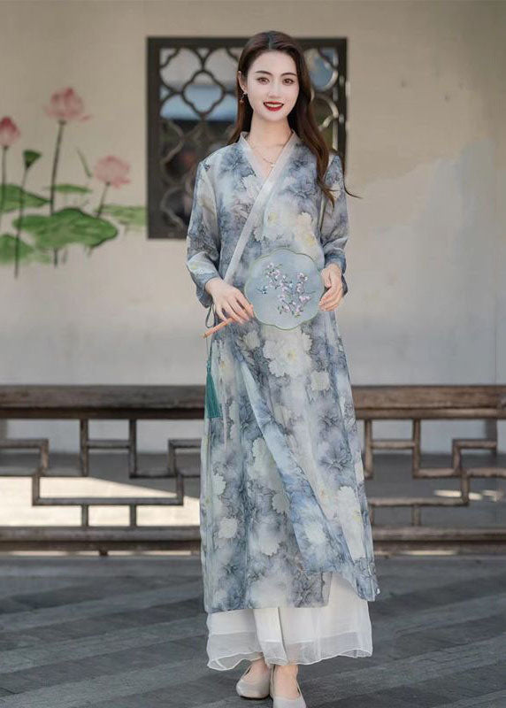 Vintage Light Blue V Neck Print Patchwork Linen Long Dresses Summer