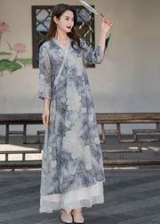 Vintage Light Blue V Neck Print Patchwork Linen Long Dresses Summer