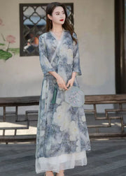 Vintage Light Blue V Neck Print Patchwork Linen Long Dresses Summer