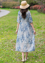 Vintage Light Blue V Neck Print Tie Waist Linen Holiday Dress Half Sleeve