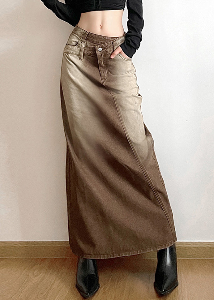 Vintage Light Brown Asymmetrical Side Open Denim Skirt Fall