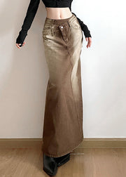 Vintage Light Brown Asymmetrical Side Open Denim Skirt Fall