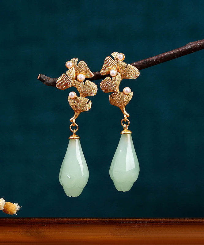 Vintage Light Green Copper Overgild Pearl Ginkgo Leaf Water Drop Drop Earrings