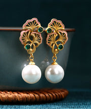 Vintage Light Green Copper Overgild Pearl Ginkgo Leaf Water Drop Drop Earrings