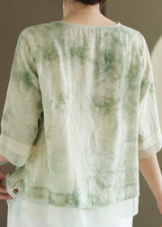 Vintage Light Green O Neck Tasseled Embroidered Linen Shirts Summer
